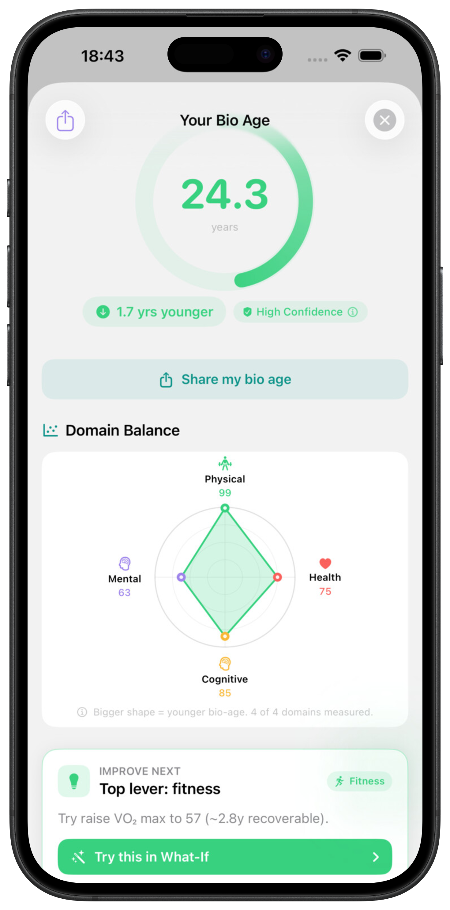 Thier iOS app — Bio Age detail + Domain Balance radar