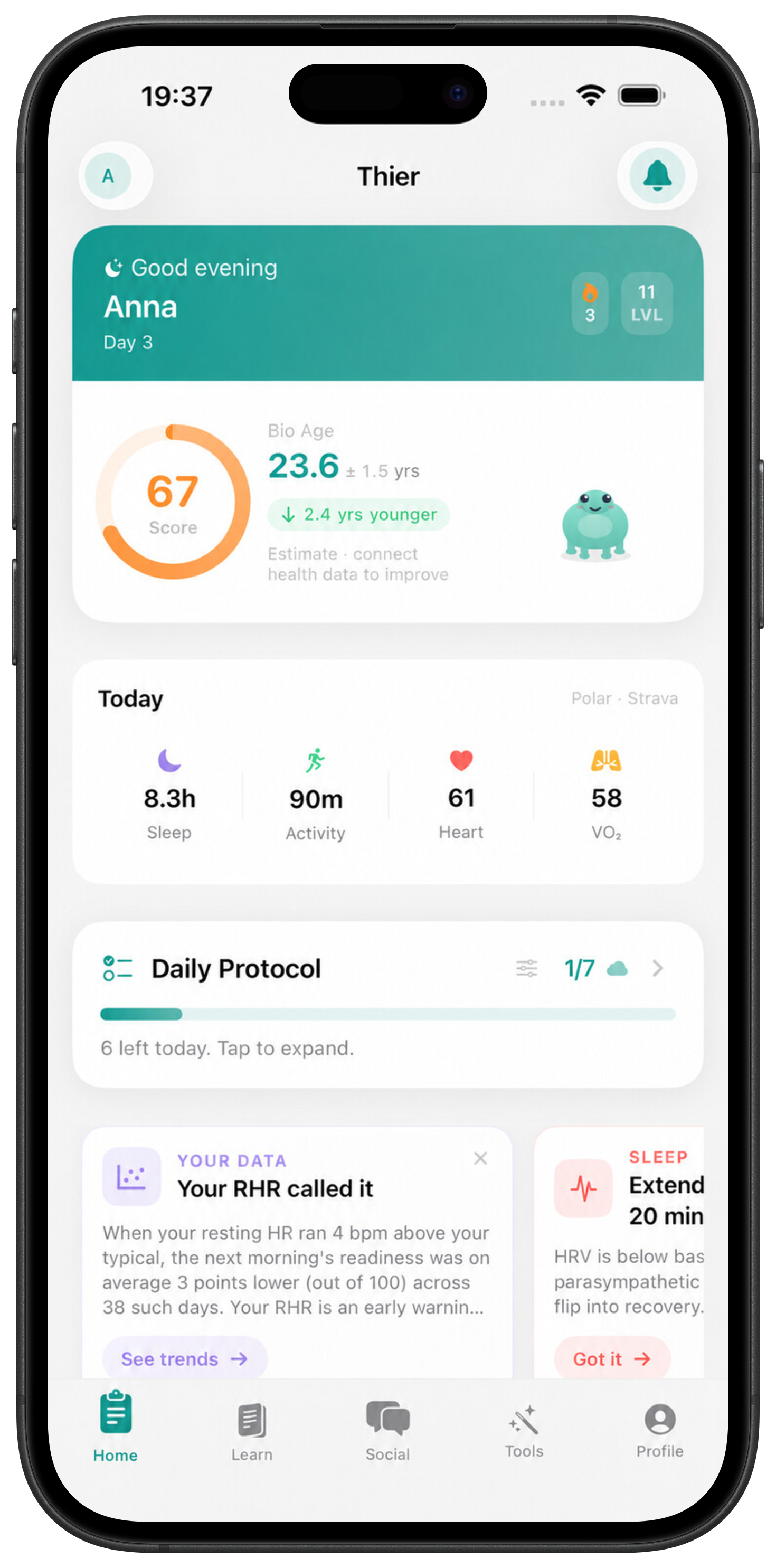 Thier iOS app — Home dashboard