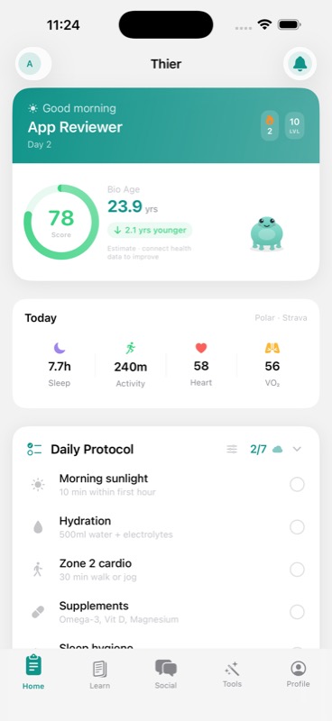 Thier app Home screen — bio age 23.9 (2.1 years younger than chronological), Score 78, today's sleep / activity / heart / VO₂ tiles, and the Daily Protocol checklist
