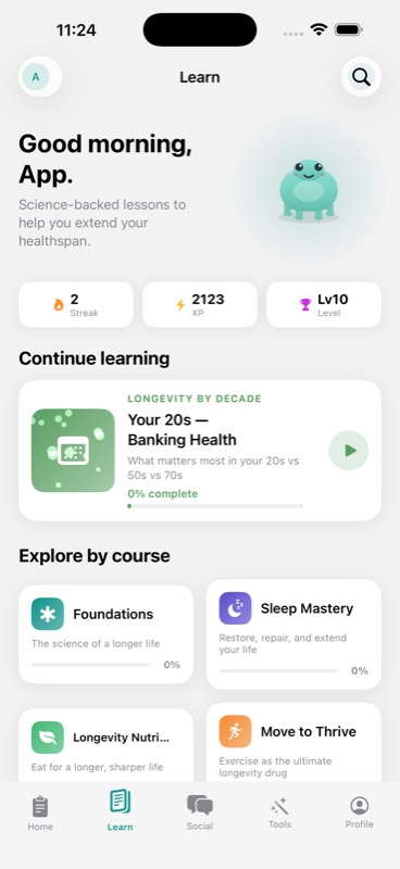 Thier Learn tab with 24 longevity courses, streak counter, and continue-learning card