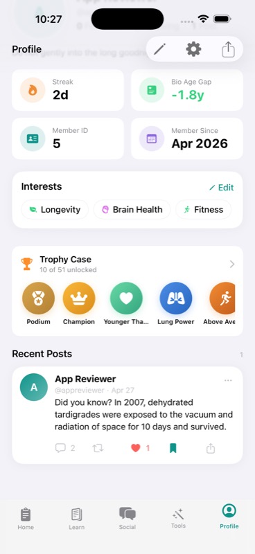 Thier Profile tab with bio-age gap, streak, interests, trophy case, and recent posts