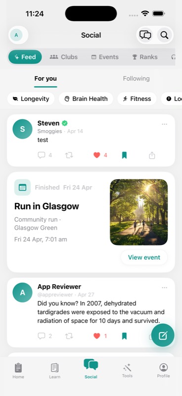 Thier Social tab feed with topic chips, posts, events, and ranks