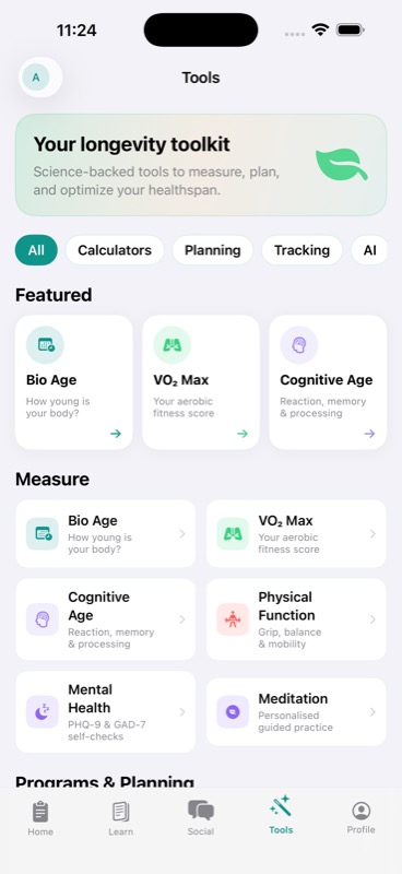 Thier Tools tab with longevity calculators, AI doctor, what-if simulator, and meditation